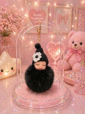 Black Pom-Pom Sleeping Baby Doll Keychain